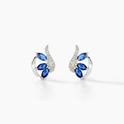 Boucles D'oreilles Puces Petale Or Blanc Saphir Et Diamant