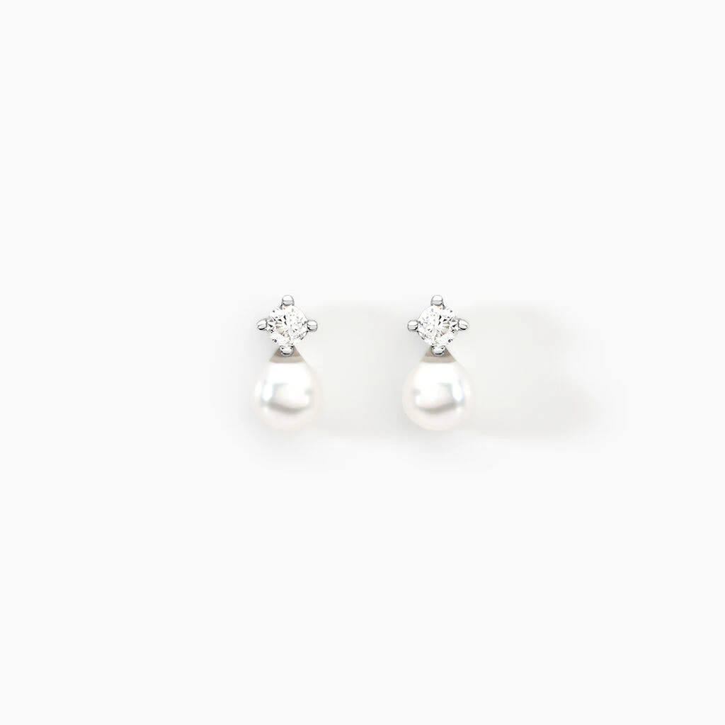 Boucles D'oreilles Puces Eolande Or Blanc Perle De Culture Et Oxyde 3 Boucles D'oreilles Puces Eolande Or Blanc Perle De Culture Et Oxyde