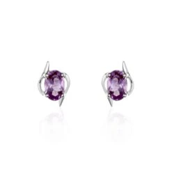 Boucles D'oreilles Puces Vrille Ovale Or Blanc Amethyste